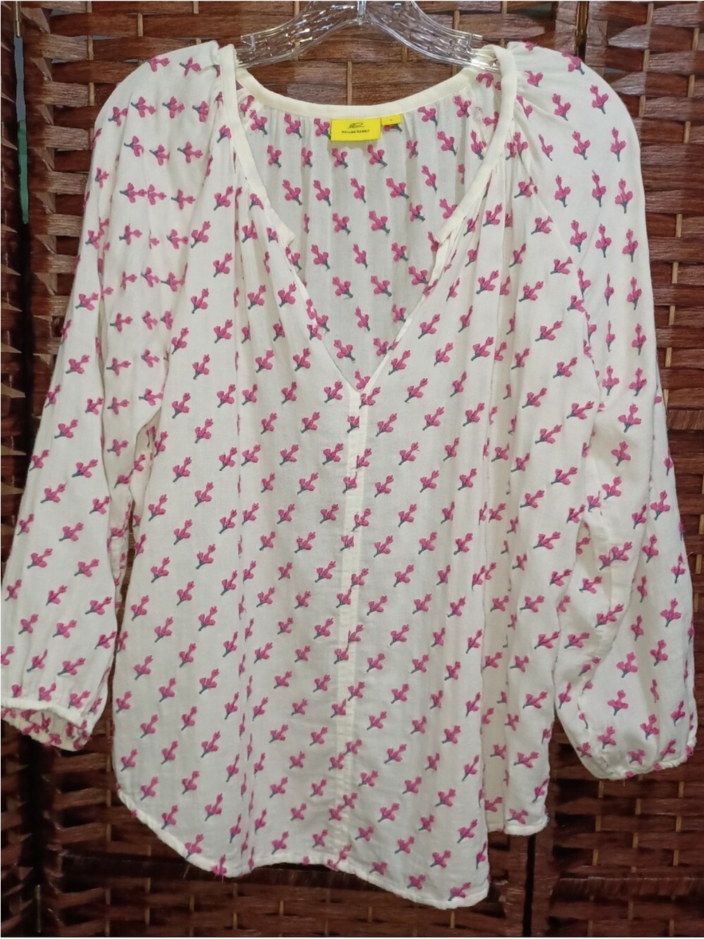 Roller Rabbit Cream Blouse with Embroidered Pink Flowers